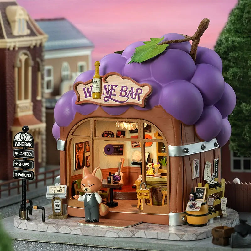 Hot Sale DIY Miniature Grape Wine Bar Dollhouse Kit with LED Light 3D Puzzle Mini House Gift for Friend Home Decor