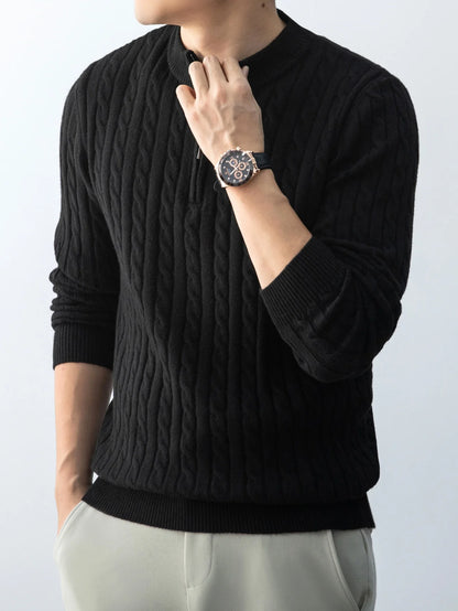 Autumn Winter For Men's Twisted Sweater Wool Knitted  Half Open Zipper Half High School Round Neck Stand-up Collar Thickened Top