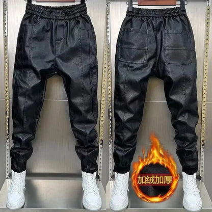 Men's Fleece Lined Thickened Leather Pants Motorcycle Delivery Rider Biker Trousers Warm Windproof Waterproof for Autumn Winter
