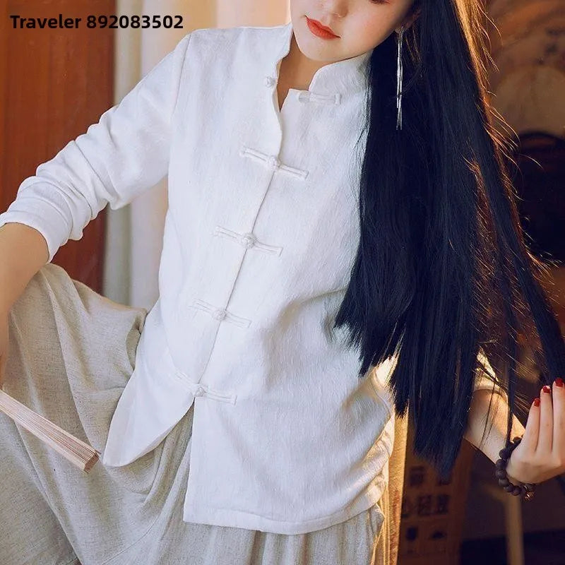 Cotton Linen Shirt Chinese Style Men Women Clothing National Style Tang Costume Button up Long Sleeve Stand Collar Zhongshan ...