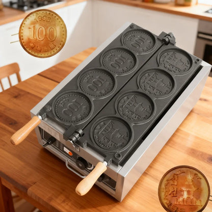Commercial Gold Coin Bread Maker Electric Waffle 4Pcs Coin Cheese Mini Waffle Mold Baking Machine Coin Shape Waffle Mold 220V