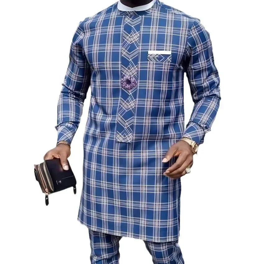 LIBIELIY Four Seasons Hot Selling Men's 2 Piece Sets Afirican Syle Ethinic Casual Blue Plaid Clothes And Pants Button Muslim Men