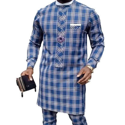 LIBIELIY Four Seasons Hot Selling Men's 2 Piece Sets Afirican Syle Ethinic Casual Blue Plaid Clothes And Pants Button Muslim Men