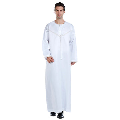 TH816 Men's Muslim Middle Eastern Men Long Sleeves Patchwork Round Collar Button Robe Ramadan Eid Jubba Thobe