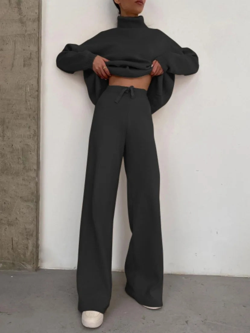 Loose Casual Two-Piece Set Pure Color Knitted 2023 Fashion Women's Ensemble Chic Workwear Winter Office Suit