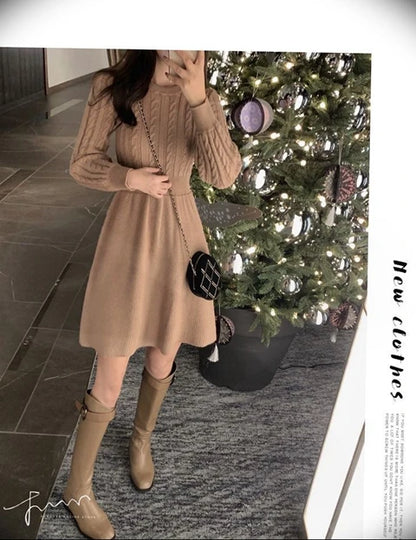 High Waist A-Line Knitted Dress Long Sleeve Base Layer Shirt Waist Cinched Black Dress Autumn Wear Korean Style Commute Dress