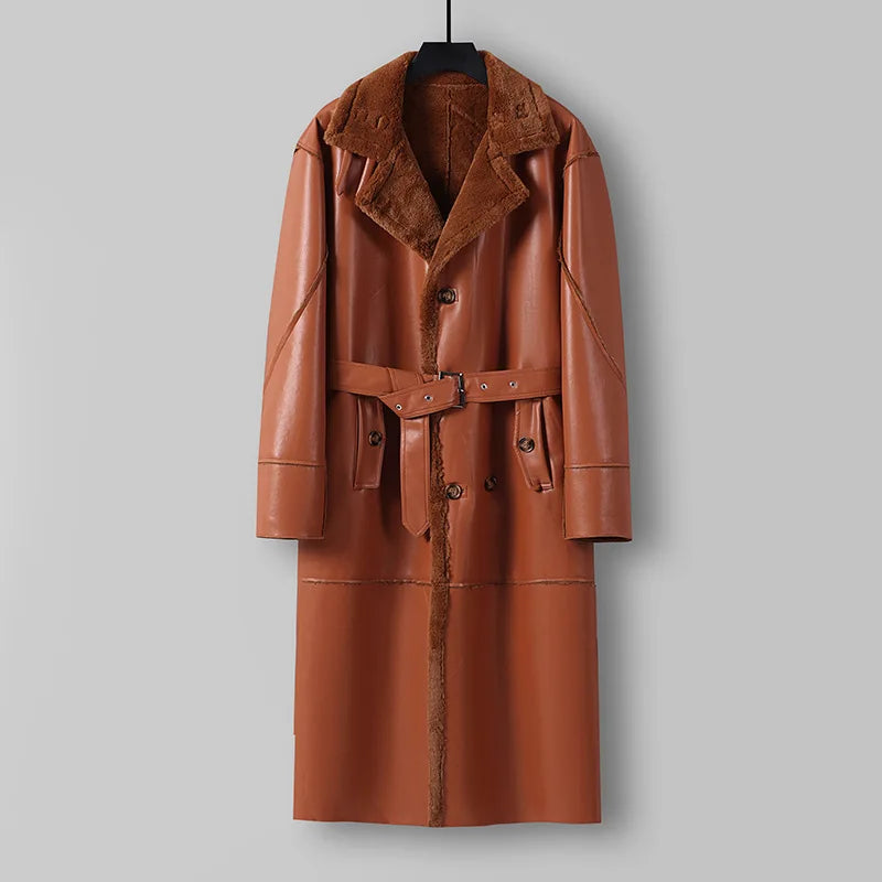 Large Loose Fur 1 Piece Leather Long Jacket For Men Over The Knee Warm Windbreaker For Man Winter Trench Coat  in OrientTown 027