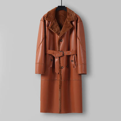 Large Loose Fur 1 Piece Leather Long Jacket For Men Over The Knee Warm Windbreaker For Man Winter Trench Coat  in OrientTown 027