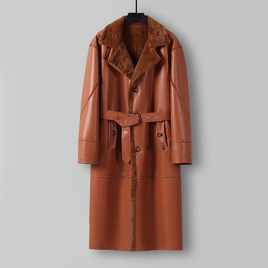 Large Loose Fur 1 Piece Leather Long Jacket For Men Over The Knee Warm Windbreaker For Man Winter Trench Coat  in OrientTown 027