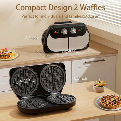 Double Waffle Maker 6 Inch, 1400W Belgian Waffle Maker for Breakfast and Snacks