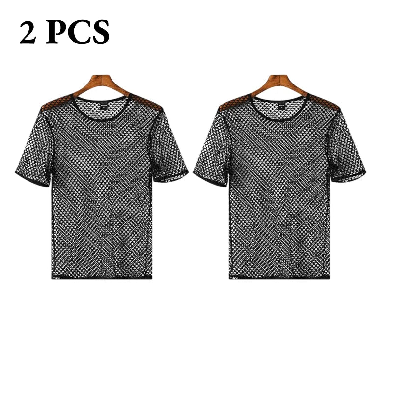 Men's Fishnet Mesh T-Shirt See Through O-neck Short Sleeve Hollow Out Tops Breathable Streetwear Nightclub Party Sheer T Shirts