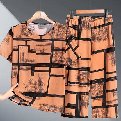 Ice Silk Two-Piece Set for Mom Summer Casual Short Sleeve Large Size Elderly Women's Fashionable Stripe And Plaid Ensemble