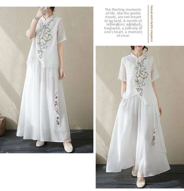New National Style Heavy Embroidery  Set Women Summer Loose plus Size Fringed Wide Leg Pants Skirt Slimming Two Piece Set