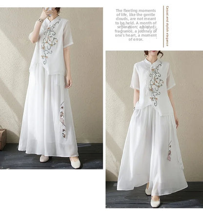 New National Style Heavy Embroidery  Set Women Summer Loose plus Size Fringed Wide Leg Pants Skirt Slimming Two Piece Set