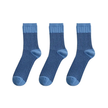 Maden Men's American Retro Contrast Knitted Mid Tube 3 Pairs Socks With Breathable Thick Thread Splice Double Needle Long Socks