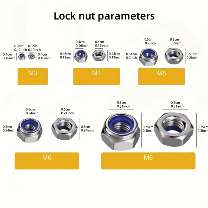 210/150pcs Stainless Steel Hex Lock Nuts, Anti-Slip Self-Locking M3-M8/M4-M6 Assortment for industrial/construction/Automotive