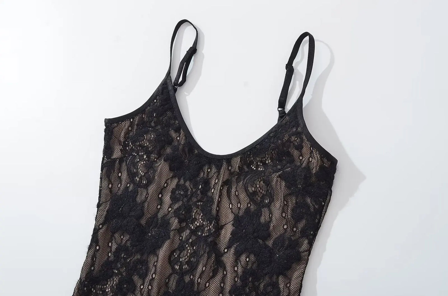 Sexy See Through Lace With Lining Backless Spaghetti Strap Bodysuit Woman Sling Tight Short Jumpsuit Slim fit Rompers Playsuits