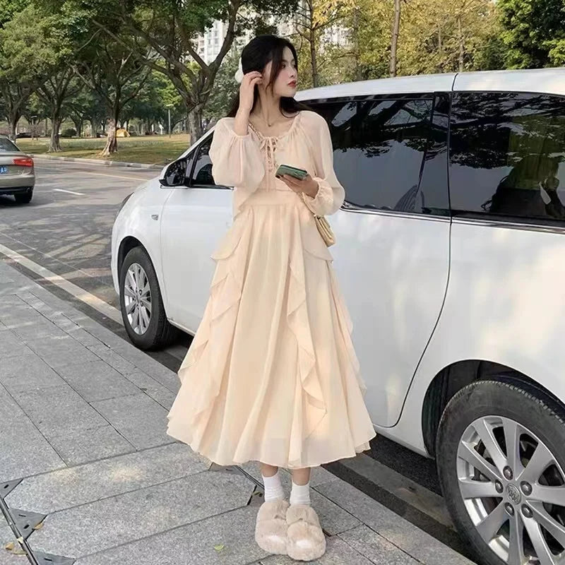 Elegant Spring Autumn off Shoulder Long Dress Women's Loose Fashion Two Piece Set Fairy Forest System V Neck High Waist a Lin...