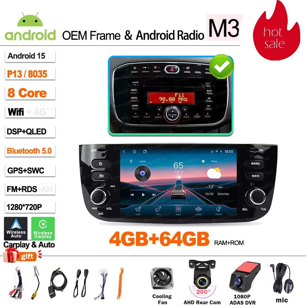 Car Android 16 For Fiat Linea Punto evo 2012-2015 Radio Video Player GPS Multimedia Navigation Screen Stereo Carplay Audio DSP