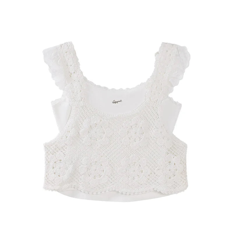 ALXNAN White Tank Tops 2026 Summer Elegant Cotton Women's Camisole Lace Fake Two-piece Design Chic Sleeveless Tops Ladies L53815