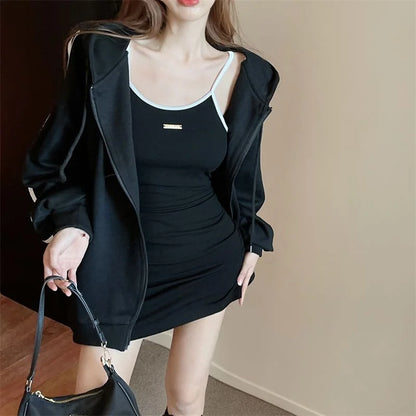 Spicy Girl Set Women's Autumn Fashion High-End Pure Desire Strap Vest  Skirt Hoodie Jacket Two-Piece Set Ladies' Wear
