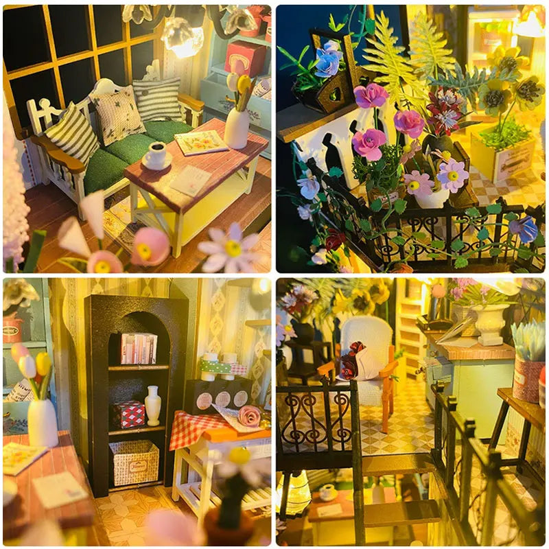 Zuuton DIY Wooden Dollhouse Kit Flower Garden Villa with LED Light Miniature House with Furniture 3D Puzzle Handmade Craft Gifts