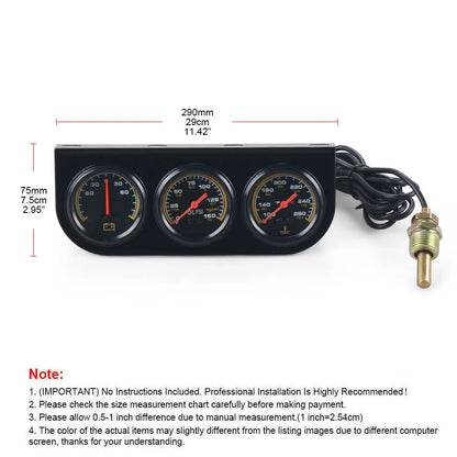 3 in1 Water Temp Gauge 52MM Oil Pressure Gauge AMP Volt Meter 12V Kit Car Mechanical Triple Gauge With Sensor