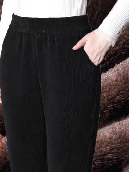 Women's Autumn Winter Thickened Corduroy Straight Leg Pants High Waist Elastic Closure Warm Casual Trousers Fashionable