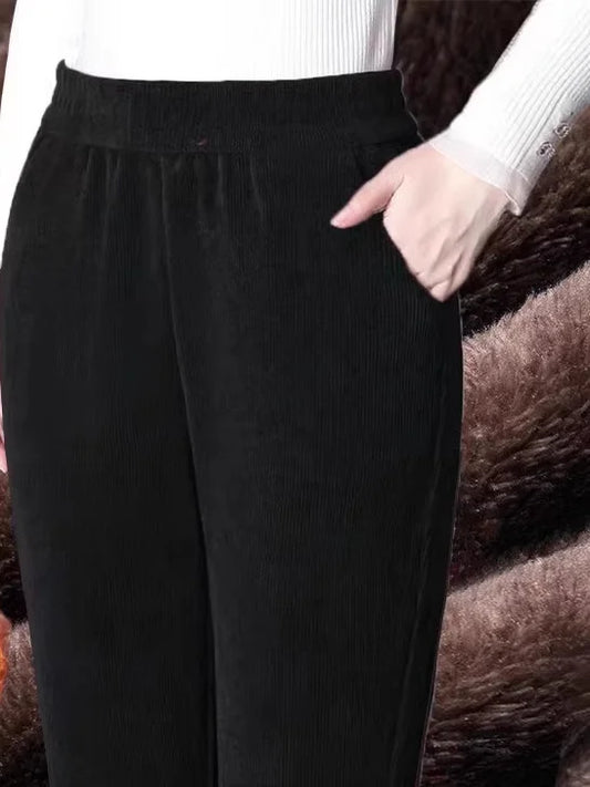 Women's Autumn Winter Thickened Corduroy Straight Leg Pants High Waist Elastic Closure Warm Casual Trousers Fashionable