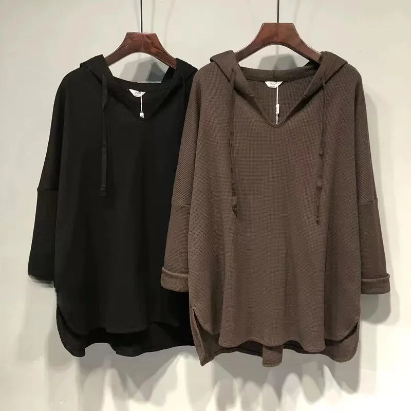 plus Size Women's Long Sleeve T-Shirt Loose Fit Belly Covering Spring Autumn Korean Style Hooded Asymmetrical Hemline Slimmin...
