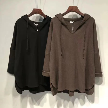 plus Size Women's Long Sleeve T-Shirt Loose Fit Belly Covering Spring Autumn Korean Style Hooded Asymmetrical Hemline Slimmin...