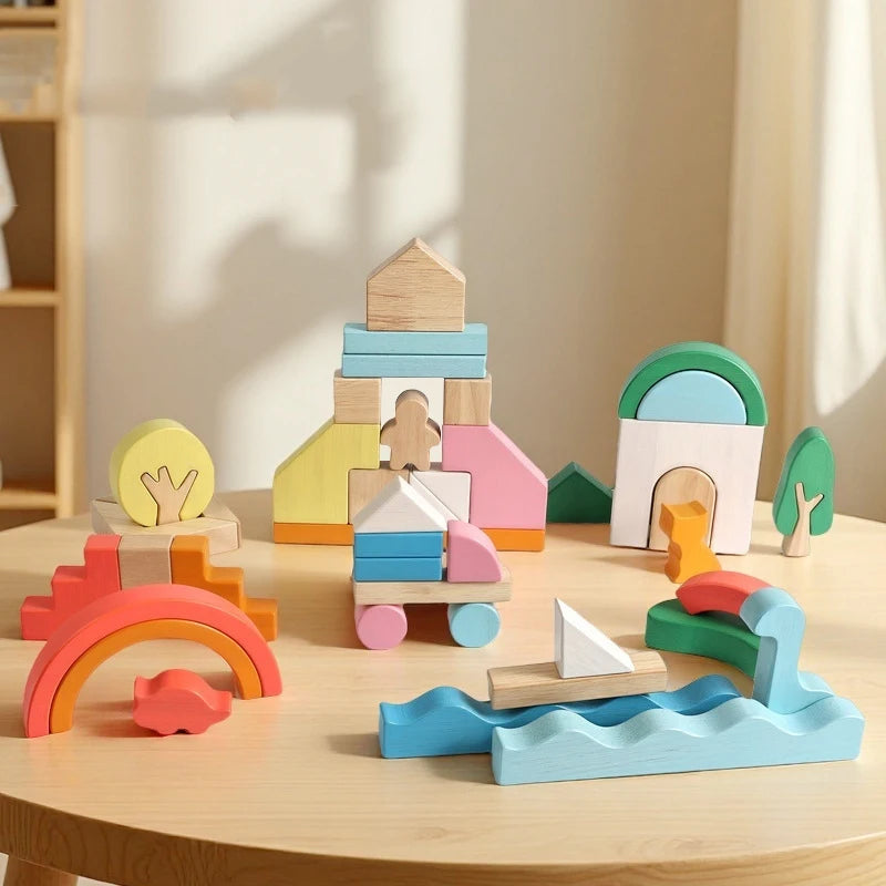 Big Size Wooden Blocks Rainbow Building Blocks Stacking Wood Toy Shape Color Cognitive Learning Toys Montessori Early Education