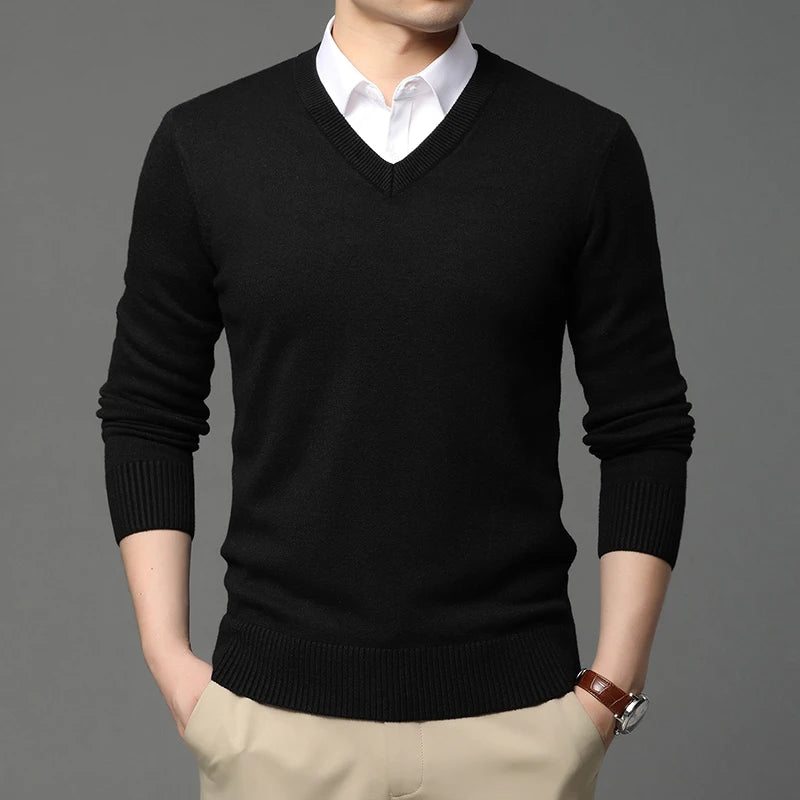 2025 High Quality New Fashion Brand Woolen Knit Pullover V Neck Sweater Black For Men Autum Winter  Casual Jumper Men Clothes