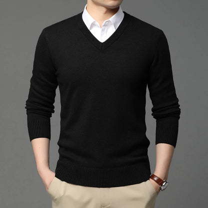 2025 High Quality New Fashion Brand Woolen Knit Pullover V Neck Sweater Black For Men Autum Winter  Casual Jumper Men Clothes
