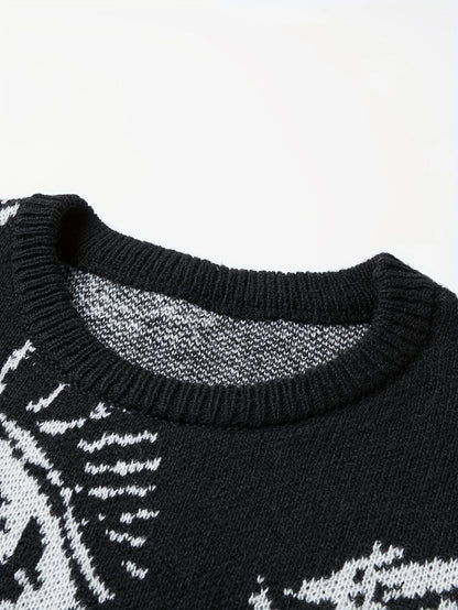 LVLAEA Men's Knit Pullover Shirt, Long Sleeve Jacquard Sweater with Eyes Pattern for Winter Fall Casual & Lounge Wear, Anti-Pill