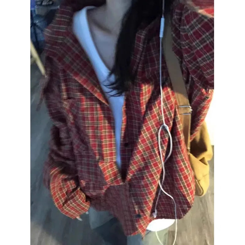Red Plaid Loose Long Sve irt Women's Spring 2026 New Lazy Sle Coat Top Commute Pattern Button oulder Drop Length