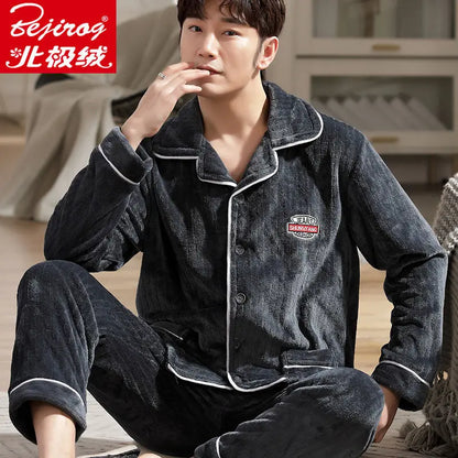 Pajama Sets Flannel Pajamas Men's Winter Thickening Warm Suit Long-sleeved Loose Home Clothes Autumn Cardigan