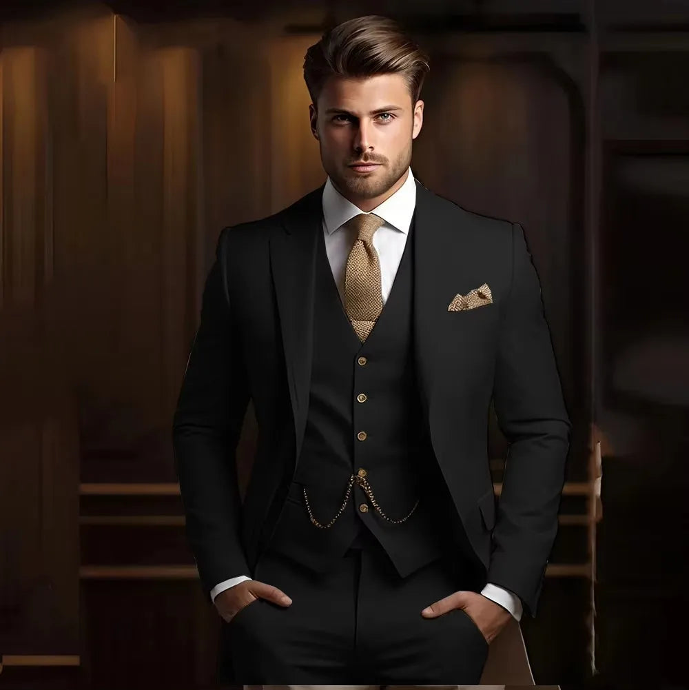 High Quality Black Men's wedding Suits Smart Cusual 3 Piece Custom Slim Fit Male Blazer Wedding Groom Tuxedos Costume Homme