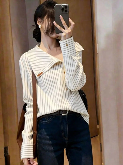 Elegant Unique Stylish Spring 2026 Casual Shirt Design Sensation  Personality Long Sleeve Striped Navy Collar Loose Fit