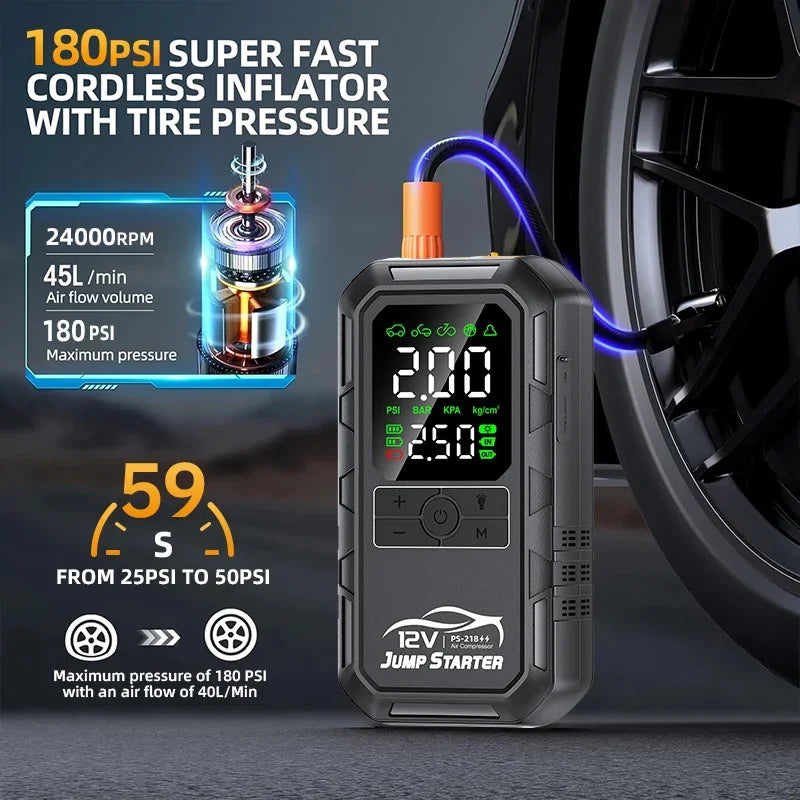 10000a 8000a Amp 7000a 6000a 180psi Smart Car 12v Battery Booster Auto Tire Super Compressor Air Pump Power Bank Jump Starter