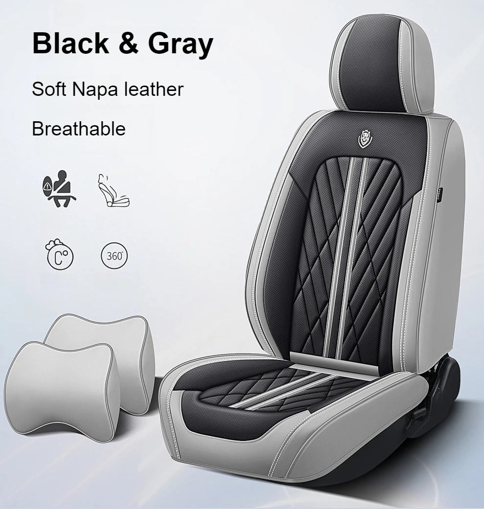 Universal fitting waterproof breathable soft Napa leather car seat cover set for cushion protection. Suitable for sedan and SUV