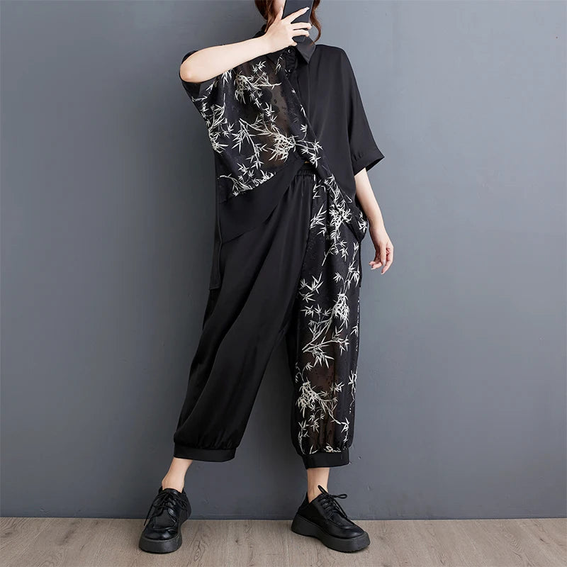 Summer New Loose Artistic Bamboo Print Cross Irregular irt Wide Leg Pants Two Piece Set Good Quali plus Size Faionable