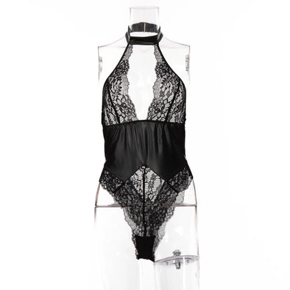 S-XXL Halter Backless Lace Transparent Swimsuit Tight Faux PU Leather High Cut Thong Bodysuit Sexy Clubwear Body Teddies Leotard