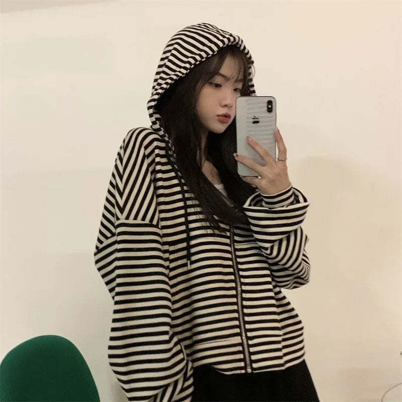 Trendy Striped Lazy Style Long Sleeve Sweatshirt Coat Autumn New Loose Mid-Length Open Cardigan Top Women's Fashion Outerwear