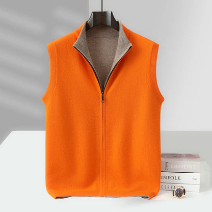 Autumn and winter 100% pure wool cardigan men's zipper stand collar double-sided sweater sleeveless knitted cashmere vest