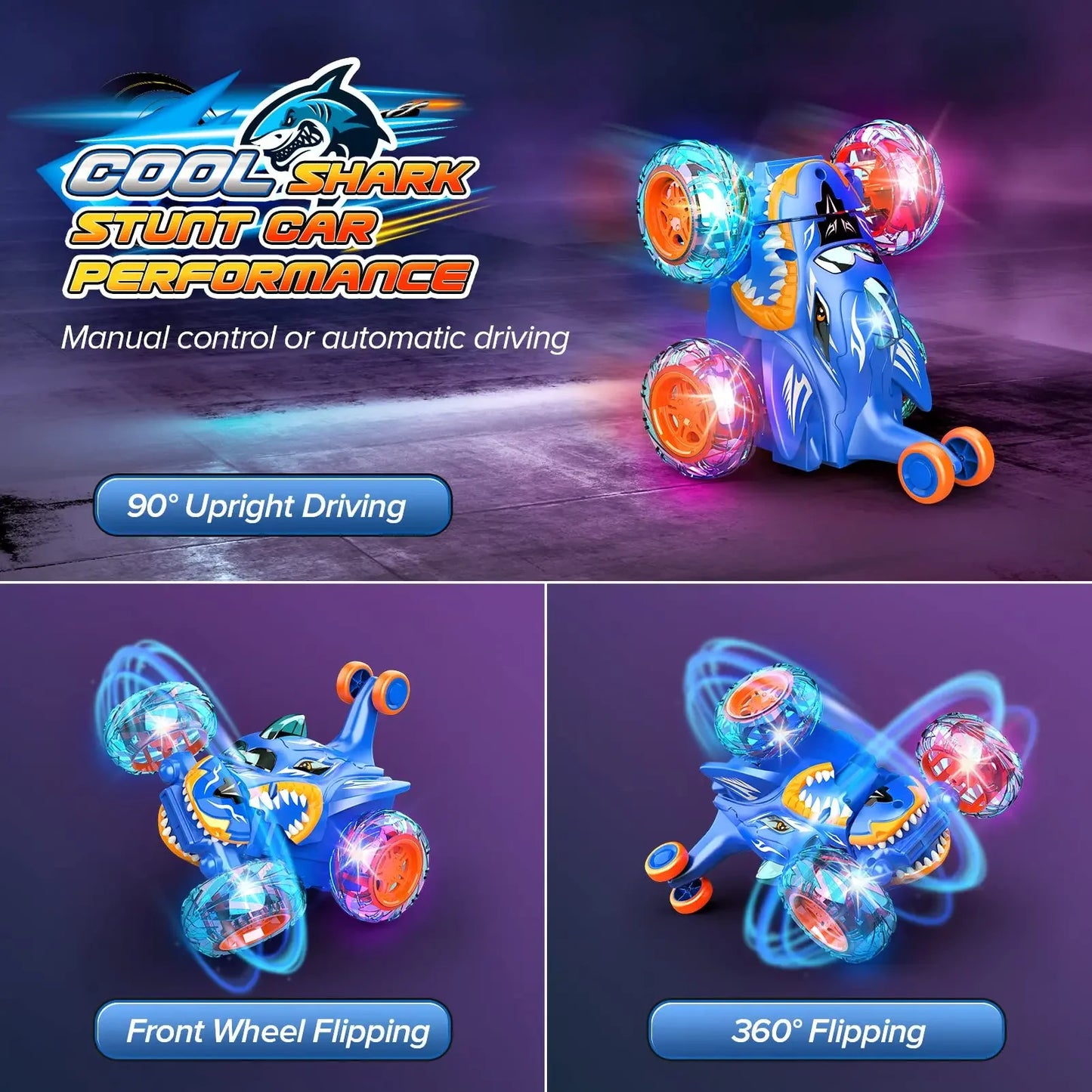 Remote Control Stunt Car 360° Flip Toy for Boy RC Car 4WD Cartoon Shark with Light Rotation Off Road Drift 2.4G Kid Toy Gift