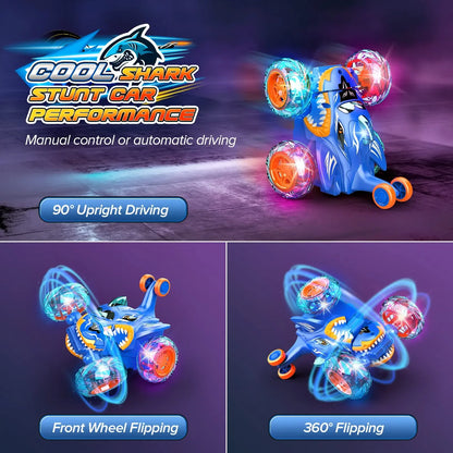 Remote Control Stunt Car 360° Flip Toy for Boy RC Car 4WD Cartoon Shark with Light Rotation Off Road Drift 2.4G Kid Toy Gift