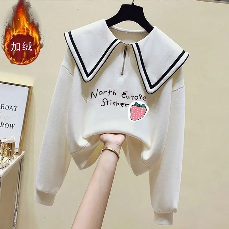 Teenage Girl's Fleece Lined Thickened Navy Collar Sweatshirt Small Size Winter Fashionable Clothing School Sweet Style Zipper