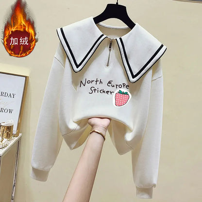 Teenage Girl's Fleece Lined Thickened Navy Collar Sweatshirt Small Size Winter Fashionable Clothing School Sweet Style Zipper