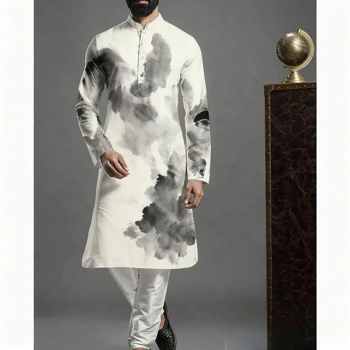 Muslim Kurtta Shirt Men Clothes Folk Kaftan Musulman Kurta Indian Islamic Clothing National Printed Long Sleeve Shirts
